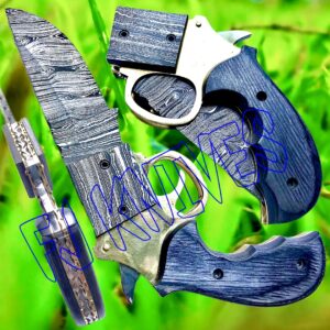 HANDMADE DAMASCUS PISTOL FOLDING KNIVES WITH LEATHER SHEATH